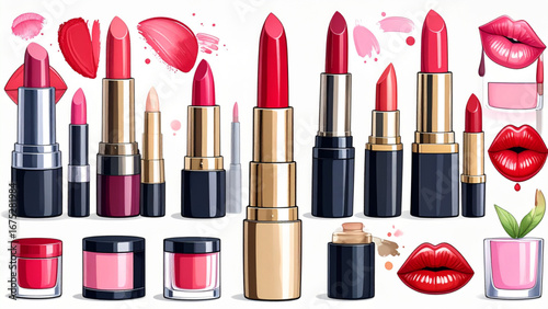 Hand drawn vector illustration of assorted lipstick shades with swatches, cosmetic collection flat design.