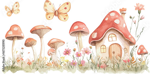 Charming watercolor illustration of a whimsical mushroom village with butterflies and delicate wildflowers on a white background