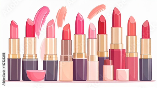 Hand drawn vector illustration of assorted lipstick shades with swatches, cosmetic collection flat design.