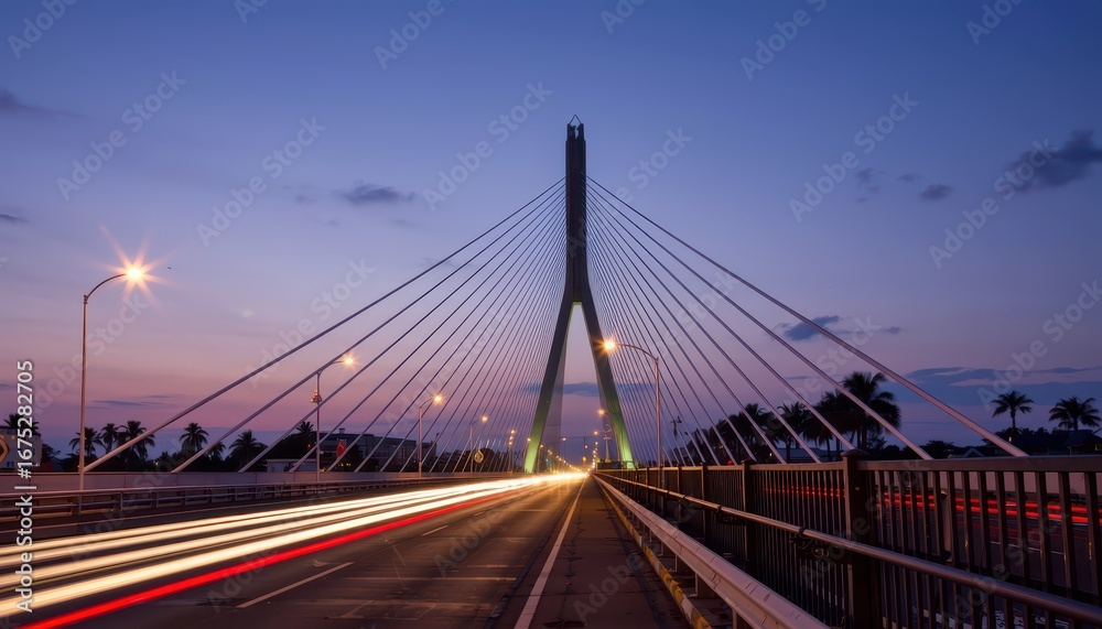 Fototapeta premium Nighttime traffic flow on modern bridge urban cityscape long exposure photography twilight dynamic concept