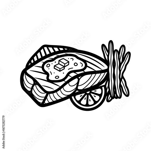 Salmon sashimi with lemon and herbs on white background