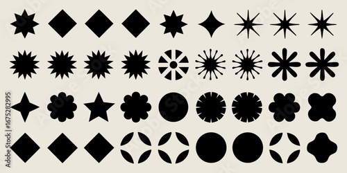 Collection of diverse black abstract geometric shapes and starbursts on a neutral background