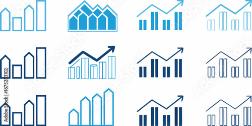 Collection of stylized bar and line graphs with upward trends in blue and light blue on white background