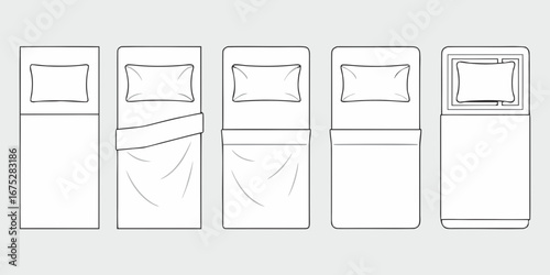 Top view illustration of five different bed making styles with pillows and blankets