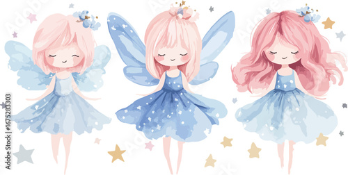 Three adorable watercolor fairies with pastel pink hair and blue dresses adorned with sparkling stars and glitter