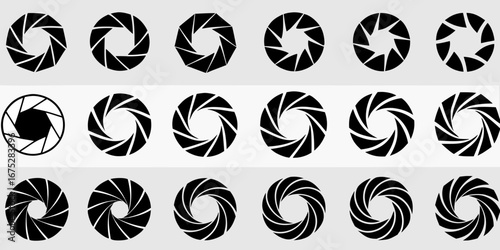 Collection of camera aperture diaphragm blades icons in black and white