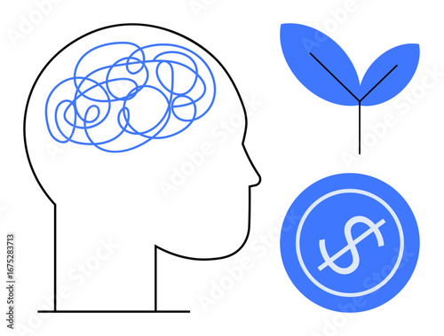 Human head with tangled lines symbolizing thoughts, leaf sprout indicating growth, and dollar coin presenting financial success. Ideal for mental health, strategy, growth, finance, success, focus