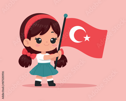 Adorable Girl Holding Turkish Flag Cartoon Illustration on Pink Background