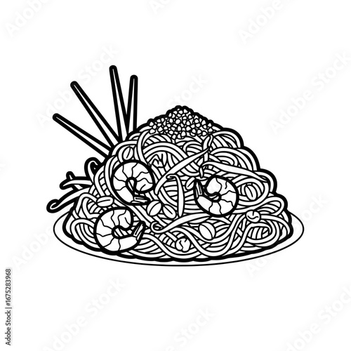 Spaghetti with basil and parmesan cheese on plate with transparent background