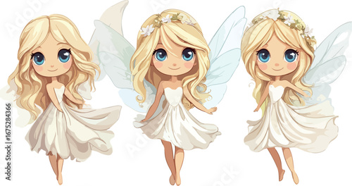 Three adorable blonde haired angels with big blue eyes and white wings wearing white dresses