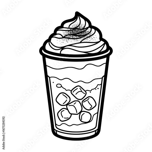 Tall glass with layered beverage and ice cubes with transparent background