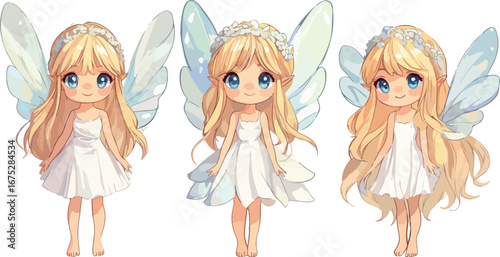 Three adorable blonde haired anime style fairies with delicate iridescent wings and flowing dresses standing together