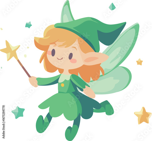Whimsical green fairy with pointed hat and magic wand surrounded by sparkling stars and glowing elements