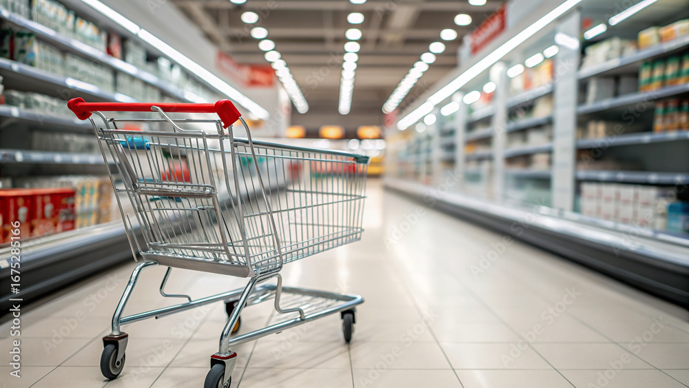 custom made wallpaper toronto digitalEmpty shopping cart in spacious supermarket aisle with bright lighting and stocked shelves visible