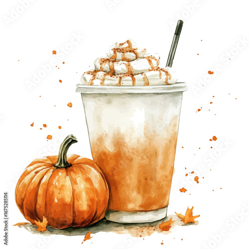 Pumpkin Spice Latte, watercolor illustration vector, isolated on a white background.