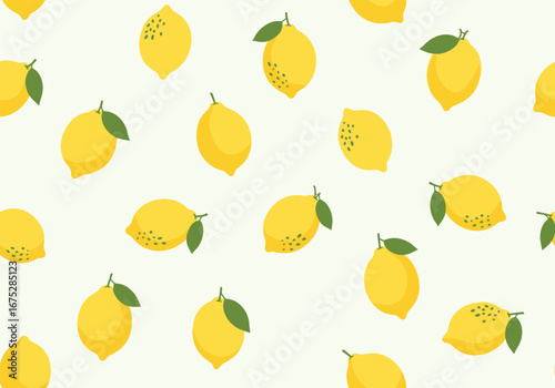 A cheerful repeating pattern of fresh yellow lemons with green leaves on a light yellow background