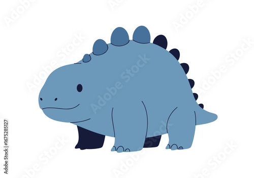Adorable blue cartoon dinosaur with spikes on its back and tail walking happily