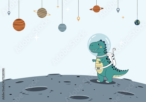 Cute astronaut dinosaur exploring the moon with planets and stars in the background