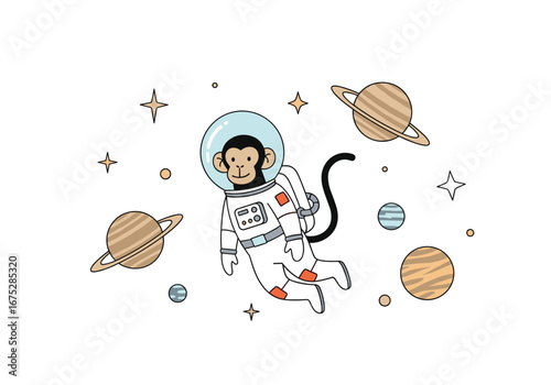 Cute monkey astronaut floating through space among planets and stars adorable cosmic journey discovery adventure exploration