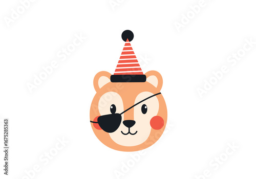 Cute cartoon animal character wearing party hat and eye patch celebrating birthday