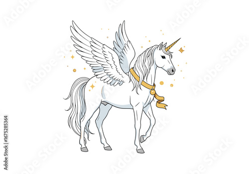 Magical mythical winged unicorn horse creature with golden accents and sparkles illustration