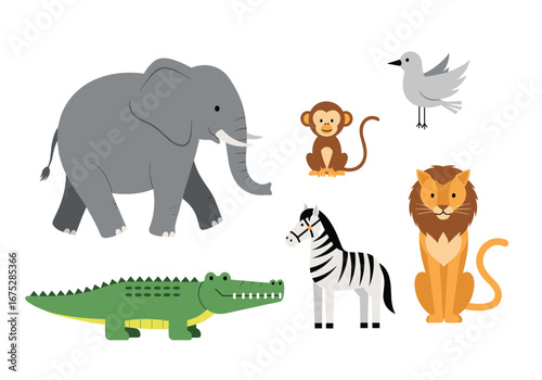 Collection of diverse safari animals in a flat design style including a majestic elephant playful monkey fierce lion elegant zebra cunning crocodile and graceful bird