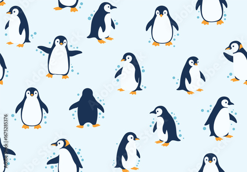 Charming penguin pattern featuring adorable waving birds amidst bubbles