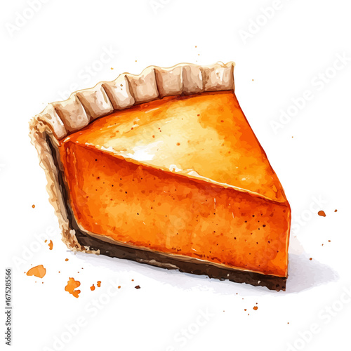Pumpkin Pie Slice Closeup, watercolor vector, isolated on a white background.