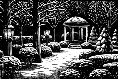 Winter garden at night covered with snow, glowing lanterns, trees black and white sketch