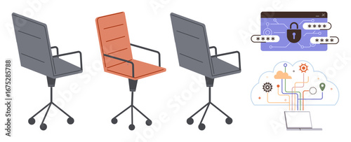 Three stylish office chairs, security system with lock and password inputs, cloud with tech connections and laptop. Ideal for office culture, technology, teamwork, cybersecurity, productivity, remote