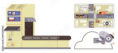 Factory conveyor with control panel, AI-managed traffic intersection showing vehicles and analytics, surveillance camera in cloud. Ideal for automation, AI, innovation, logistics, urban management