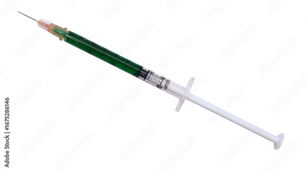 Fototapeta premium 1 ml syringe filled with green solution isolated on white background