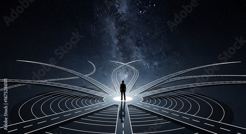 Silhouette of a man standing at a crossroads under starry sky with multiple diverging roads. Concept for career choice, strategic planning and navigating complex decisions
