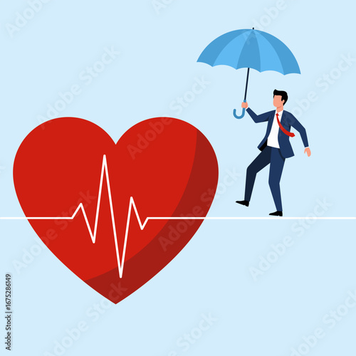 Illustration of a businessman balancing on a tightrope with an umbrella over a heart, symbolizing health insurance and risk management.