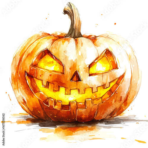 watercolor of Pumpkin Lantern Glowing, vector, isolated on a white background.