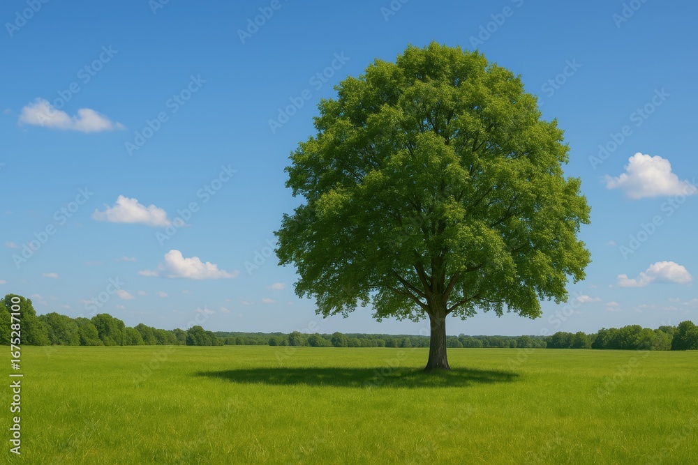Obraz premium Solitary Tree in the Field: A majestic tree stands alone in a field, casting a gentle shadow under the vast blue sky. Representing strength, resilience and tranquility.