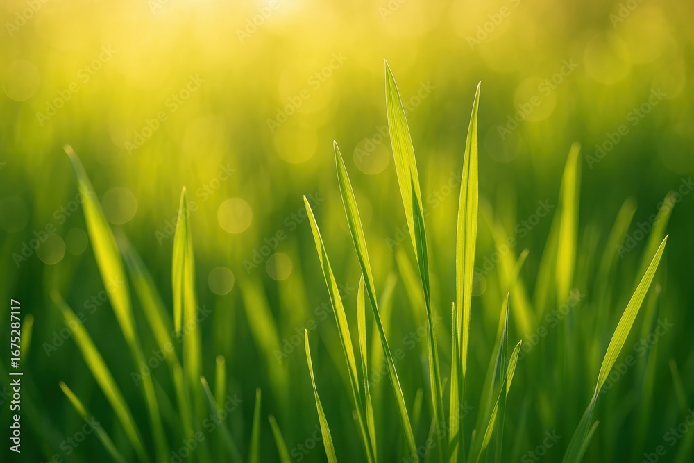 Fototapeta premium Green blades of grass: A macro view of vibrant green grass blades illuminated by soft sunlight, the blurred background adds a sense of depth and serenity, a peaceful scene.