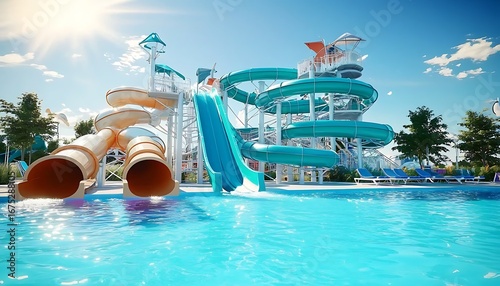 Summer aqua park pool with thrilling slides, inviting splashy fun in the sun