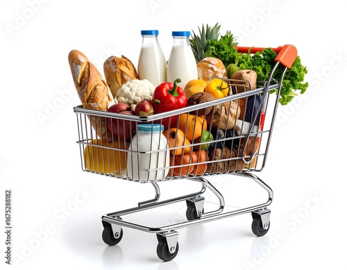 Shopping basket filled with fresh groceries such as vegetables, fruit, bread, milk and packaged goods, placed on a clean white background