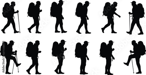 Silhouette of hikers walking with backpacks, trekking poles, outdoor adventure travel, mountain hiking, camping journey, active lifestyle exploration illustration