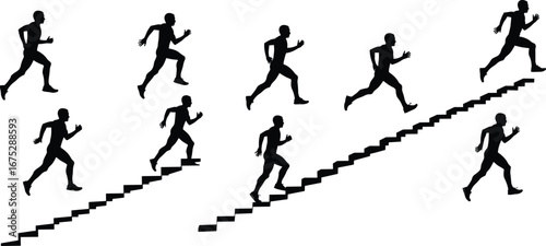 Silhouette of man running upstairs, athlete training fitness, stair climbing workout, active lifestyle exercise, sport movement activity, health success concept