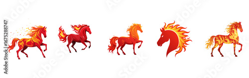 A group of decorative reddish-orange horse illustrations in various action poses, ideal for design elements.
