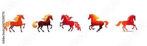 A set of red and reddish-orange horse illustrations, each with a different dynamic running or jumping pose.