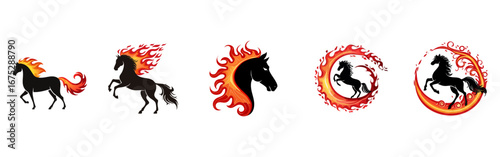 A set of red and black horse illustrations with various poses and dynamic movements.