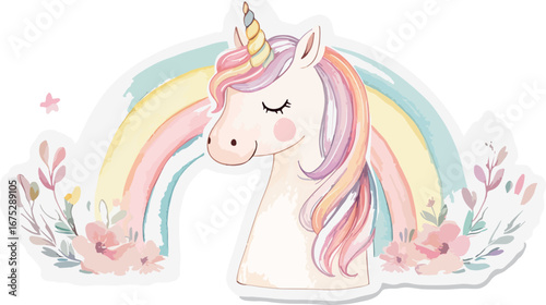 Whimsical watercolor unicorn with pastel rainbow and delicate floral accents on white background
