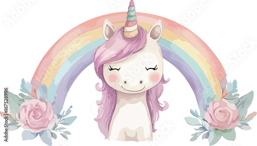 Charming watercolor unicorn with closed eyes and pink mane under a pastel rainbow arch with flowers