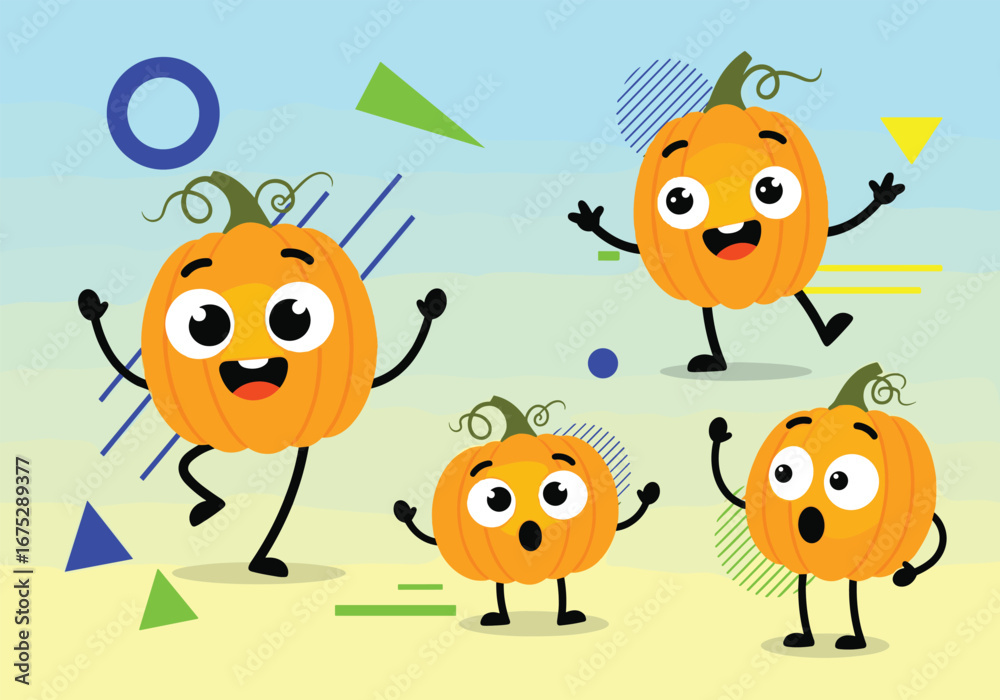 Obraz premium Cheerful cartoon pumpkins with fun geometric shapes for autumn Halloween celebrations