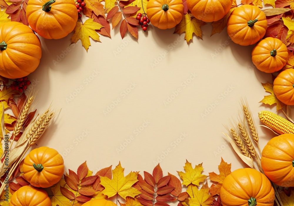 Fototapeta premium Autumn holidays frame with pumpkins, fall leaves, berries, and wheat. Thanksgiving harvest season celebration with copy space, fall menu design, farmers market banner ads or seasonal social media post