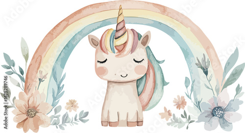 Adorable watercolor illustration of a cute baby unicorn with closed eyes under a soft pastel rainbow and floral accents