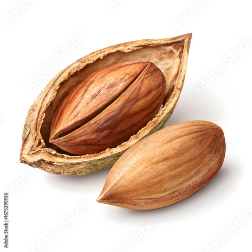 Single dried pili nut isolated on white background, highlighting its teardrop shape, smooth surface,